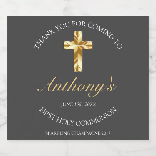Elegant Grey Gold Cross 1st Community Sparkling Wijnetiket (Enkel label)