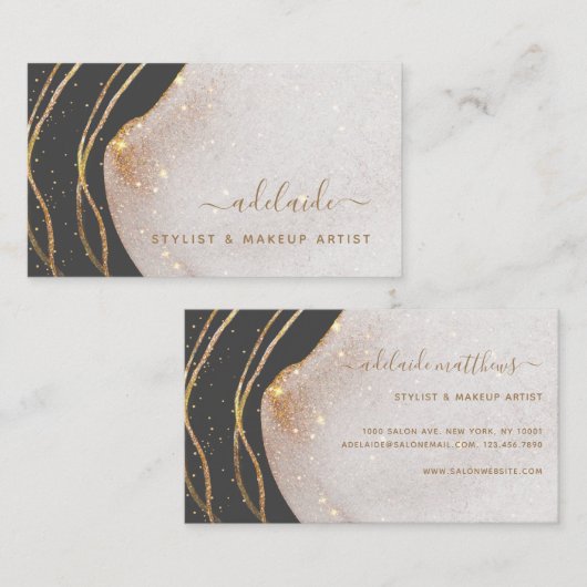 Elegant Grey Gold Glitter Signature Script Agate Visitekaartje (Voorkant / Achterkant)
