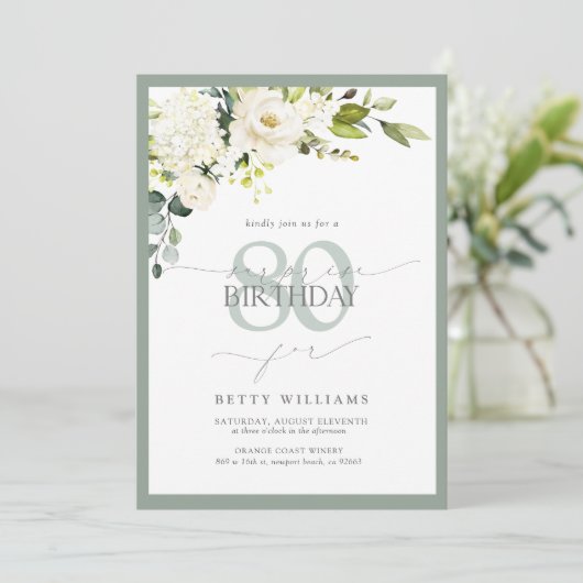 Elegant Grey Green Floral Surprise Birthday Kaart (Staand voorkant)