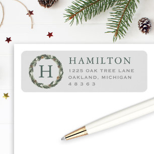 Elegant Grey Green Pine WreatReturn Address Etiket