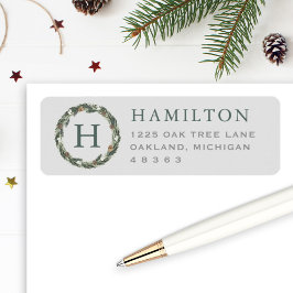 Elegant Grey Green Pine WreatReturn Address Etiket