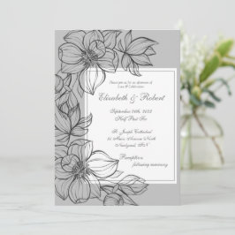 Elegant Grey Hand Drawn Floral Wedding Invitation Kaart