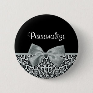Elegant Grey Jaguar Print Name Silver Bow Ronde Button 5,7 Cm