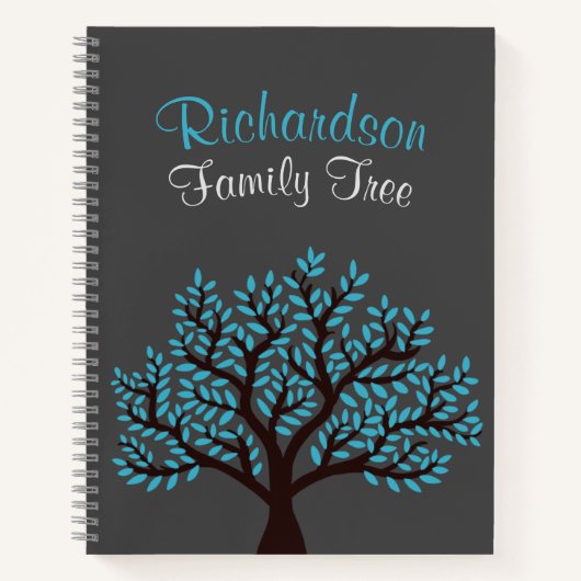 Elegant Grey Light Blue Leaf Family Tree Genealogi Notitieboek (Voorkant)