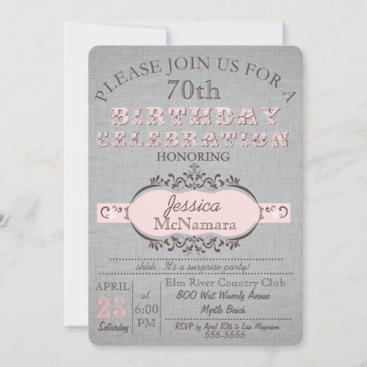 Elegant Grey Linen and Pink Birthday Invitation Kaart (Voorkant)