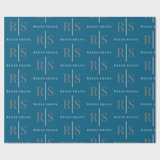 Elegant Grey Monogram & White Name, Blue Cadeaupapier (Vlak)