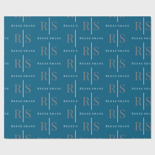 Elegant Grey Monogram & White Name, Blue Cadeaupapier (Zoom)