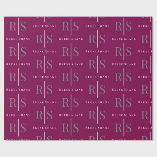 Elegant Grey Monogram & White Name, Maroon Cadeaupapier (Vlak)