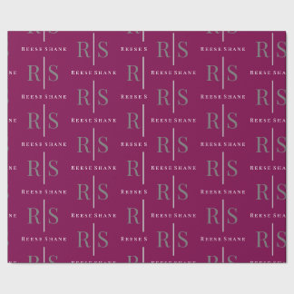 Elegant Grey Monogram & White Name, Maroon Cadeaupapier