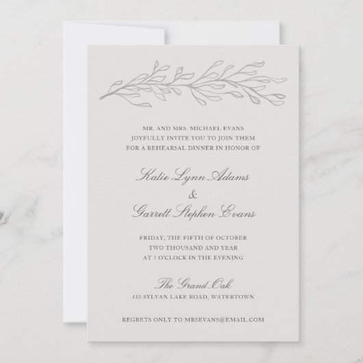 Elegant Grey Pencil Schets Twig Rehearsal Dinner Kaart (Voorkant)