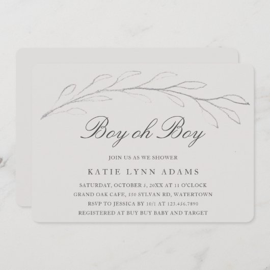 Elegant Grey Pencil Sketch Twig Boy Baby shower Kaart (Voorkant / Achterkant)