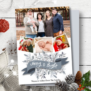 Elegant Grey Pine Bough Ribbon Modern Script Photo Feestdagenkaart