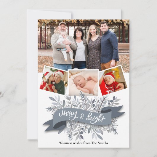 Elegant Grey Pine Bough Ribbon Modern Script Photo Feestdagenkaart (Voorkant)