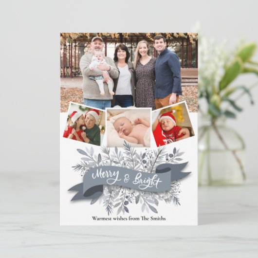 Elegant Grey Pine Bough Ribbon Modern Script Photo Feestdagenkaart (Staand voorkant)