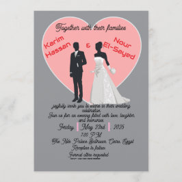 Elegant Grey Pink Heart Bride Groom Invitation Kaart