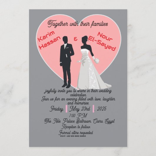 Elegant Grey Pink Heart Bride Groom Invitation Kaart (Voorkant)