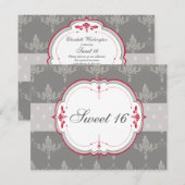 Elegant Grey & Red Roses Sweet 16 Kaart (Voorkant / Achterkant)