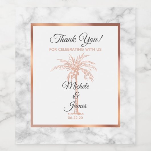Elegant Grey Roos Gold Palm Tree Marmer Weddenscha Wijn Etiket (Enkel label)