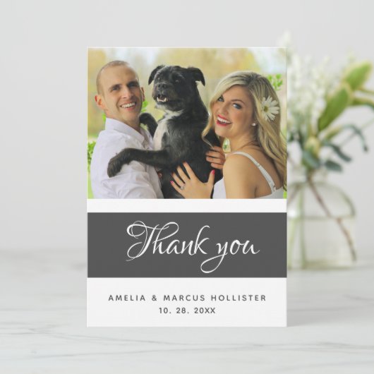 Elegant Grey Script 2 Photo Wedding Bedankkaart (Staand voorkant)