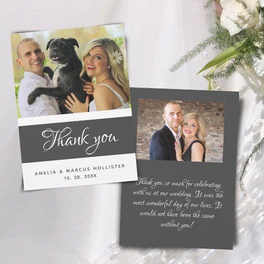 Elegant Grey Script 2 Photo Wedding Bedankkaart