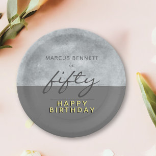 Elegant Grey Script Man 50th Birthday Party Papieren Bordje