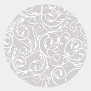 Elegant Grey Scroll Damask Patroon Ronde Sticker