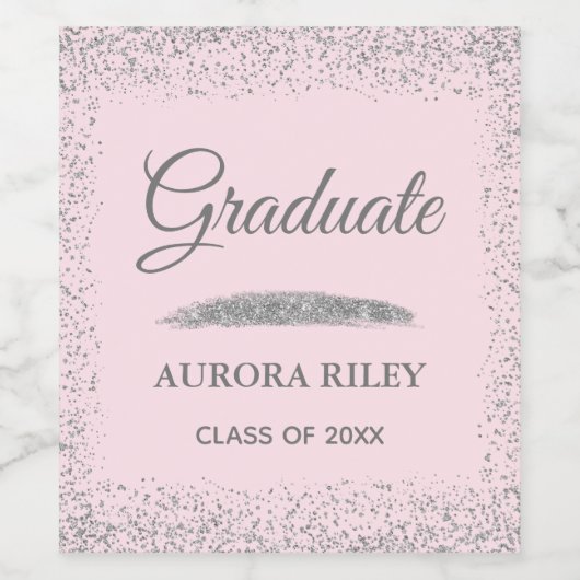 Elegant Grey Silver Glitter Blush Pink Afstuderen Wijn Etiket (Enkel label)