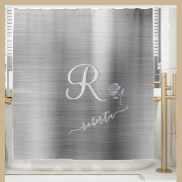 Elegant Grey Silver Roos Custom Monogram Name Douchegordijn