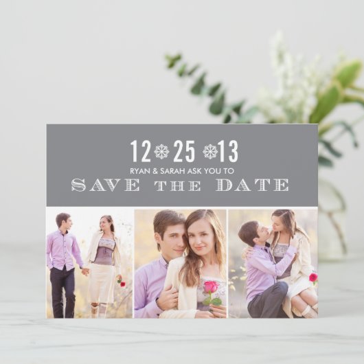 Elegant Grey Snowflake Save the Dates & Photos Save The Date (Staand voorkant)