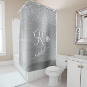 Elegant Grey Sparkle Custom Monogram Roze Rose Douchegordijn (In situ)