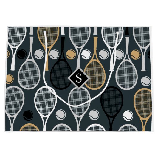 Elegant Grey Tennis Racket Ball Pattern & Initiaal Groot Cadeauzakje (Voorkant)