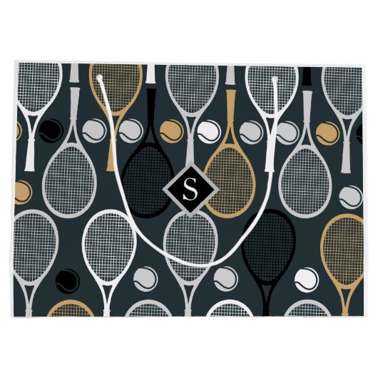 Elegant Grey Tennis Racket Ball Pattern & Initiaal Groot Cadeauzakje (Achterkant)