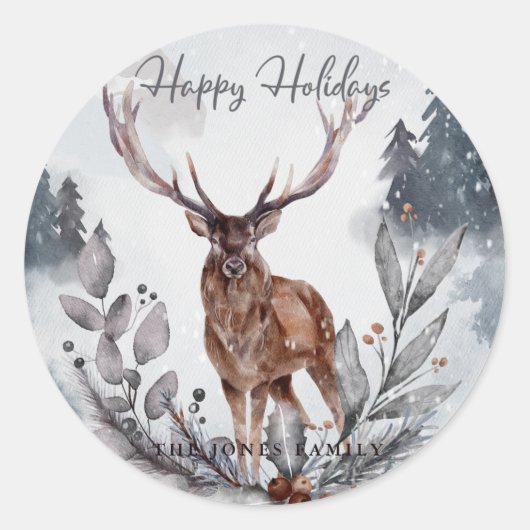 Elegant Grey Waterverf Winter Kerstmis Deer Ronde Sticker (Voorkant)