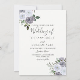 Elegant Grey White Floral Roos Wedding Invitation Kaart
