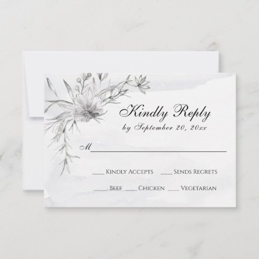 Elegant Grey White Floral Waterverf Wedding RSVP (Voorkant)
