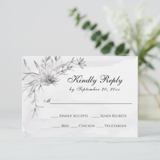 Elegant Grey White Floral Waterverf Wedding RSVP  (Staand voorkant)