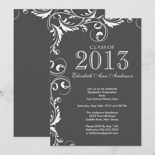 Elegant Grey White Graduy Party Invitation Kaart (Voorkant / Achterkant)