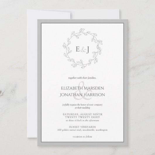 Elegant Grey White Leaf Wreator Monogram Wedding Kaart (Voorkant)