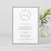 Elegant Grey White Leaf Wreator Monogram Wedding Kaart (Staand voorkant)