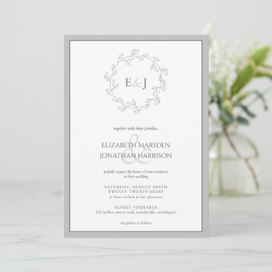 Elegant Grey White Leaf Wreator Monogram Wedding Kaart (Staand voorkant)
