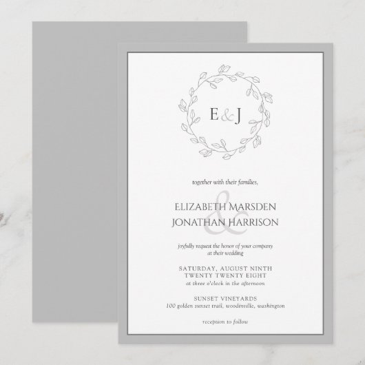 Elegant Grey White Leaf Wreator Monogram Wedding Kaart (Voorkant / Achterkant)