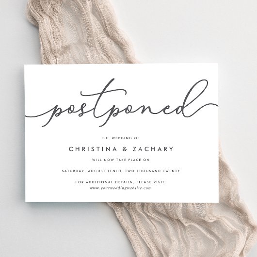 Elegant Grey & White Script Wedding Postponement Aankondiging