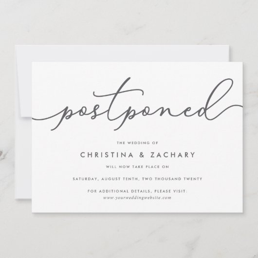 Elegant Grey & White Script Wedding Postponement Aankondiging (Voorkant)