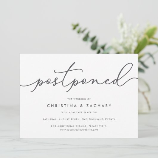 Elegant Grey & White Script Wedding Postponement Aankondiging (Staand voorkant)