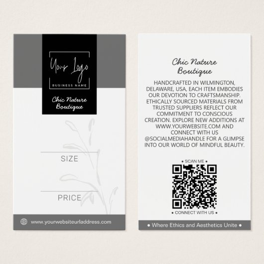 Elegant Grey & Zwart Botanisch Sociaal QR Prijs La Visitekaartje (Voorkant /achterkant)