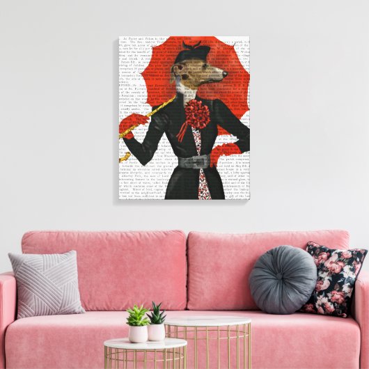 Elegant Greyhound en Red Umbrella Canvas Afdruk (Insitu (Woonkamer))