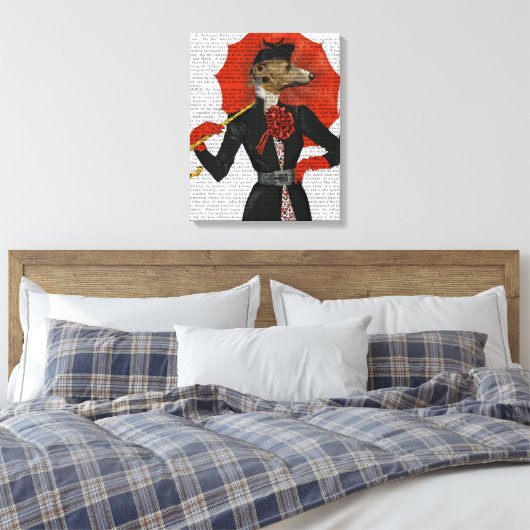 Elegant Greyhound en Red Umbrella Canvas Afdruk (Insitu (Slaapkamer))