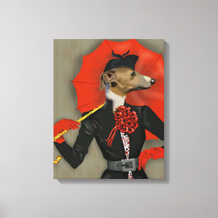 Elegant Greyhound en Red Umbrella Canvas Afdruk
