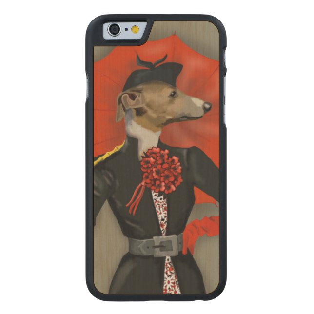 Elegant Greyhound en Red Umbrella Carved Wood iPhone Hoesje (Achterkant)