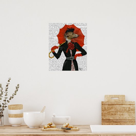 Elegant Greyhound en Red Umbrella Poster (Keuken)